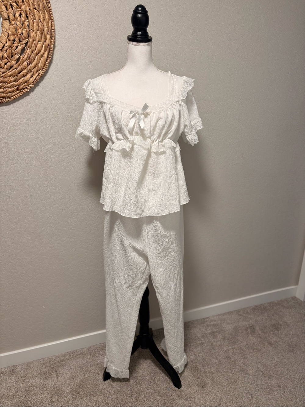 White Women's Ruffled Two-Piece Sleep Set - Soft Cotton Blend